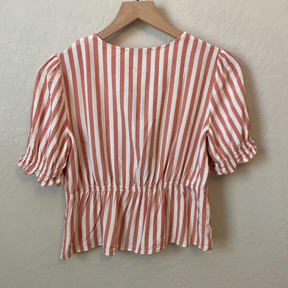 ❗️SOLD Madewell Short Sleeve Ruffle Peplum Pink & White Striped Blouse Small - Picture 6 of 7